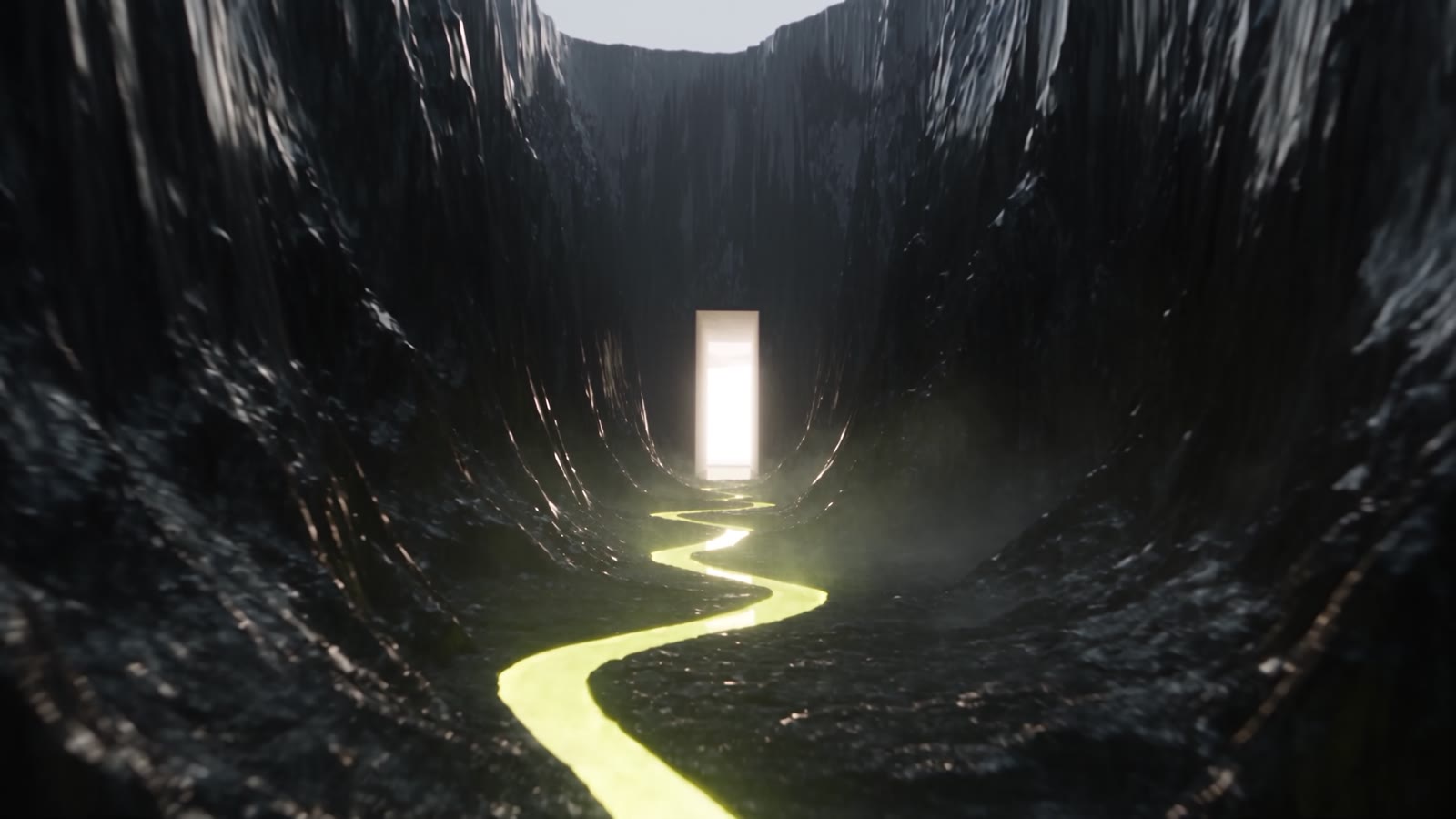 A winding ribbon of light through a sculptural dark canyon